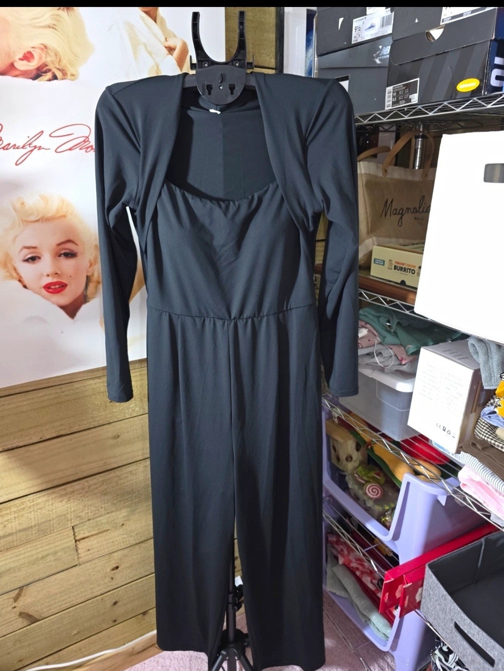 HALARA Black Long-Sleeve Wide-Leg Jumpsuit with Square Neck
